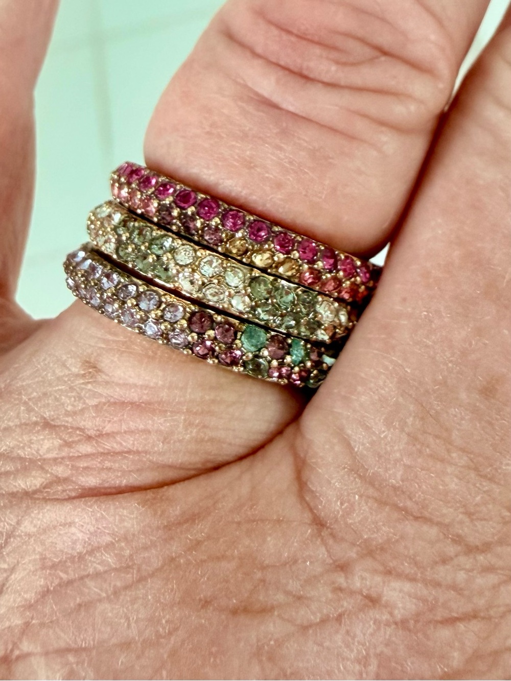 3 BaubleBar Multicolor Pave Stack Rings, size 7